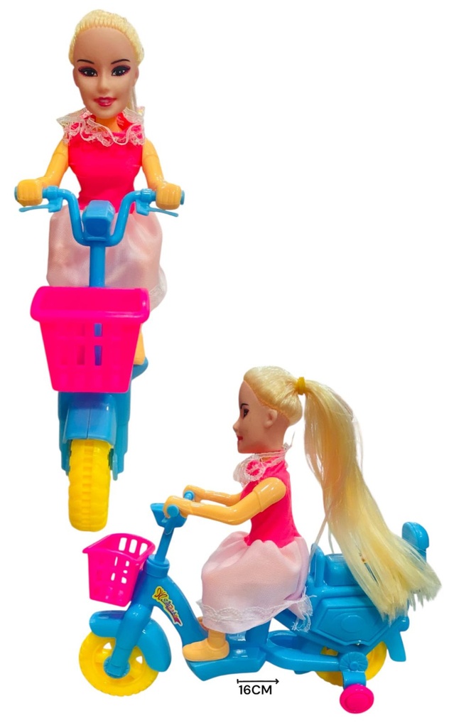 Muñeca En Moto Con Carrito