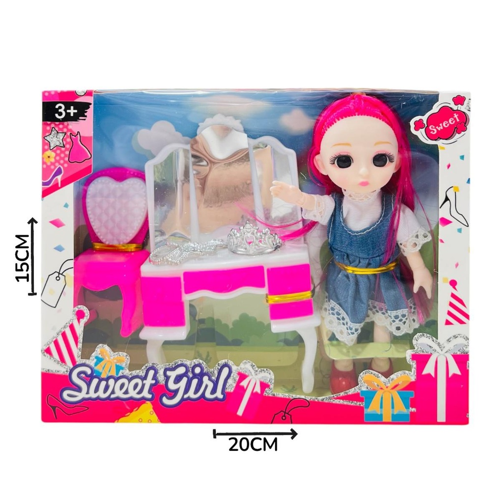 HWB259989 Muñeca 6´´ Con Muebles  Y Accesorios En Caja